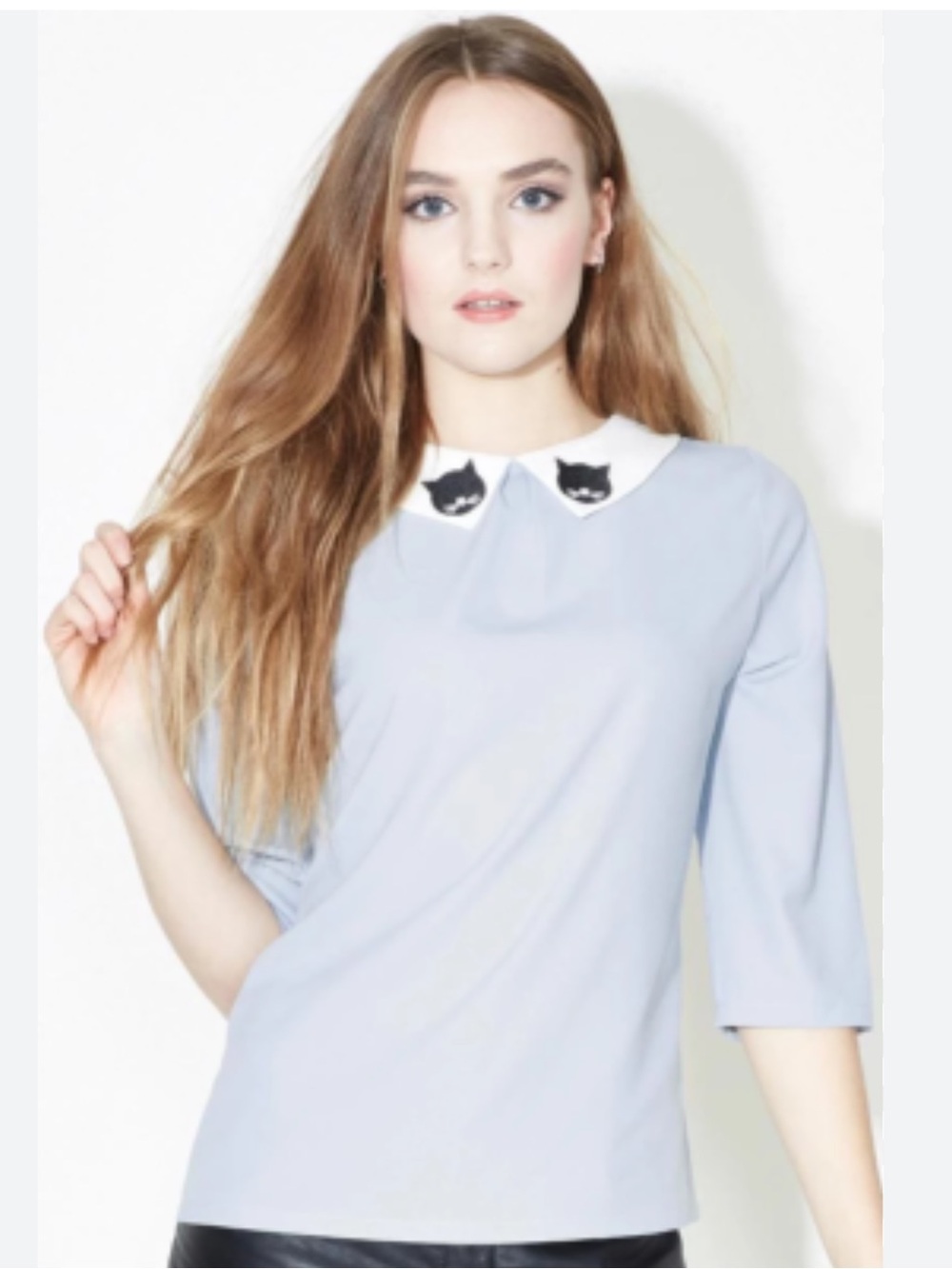 Sugarhill pastel Top White Peter Pan Collar Cat embroidery twee blouse sz 6 cute